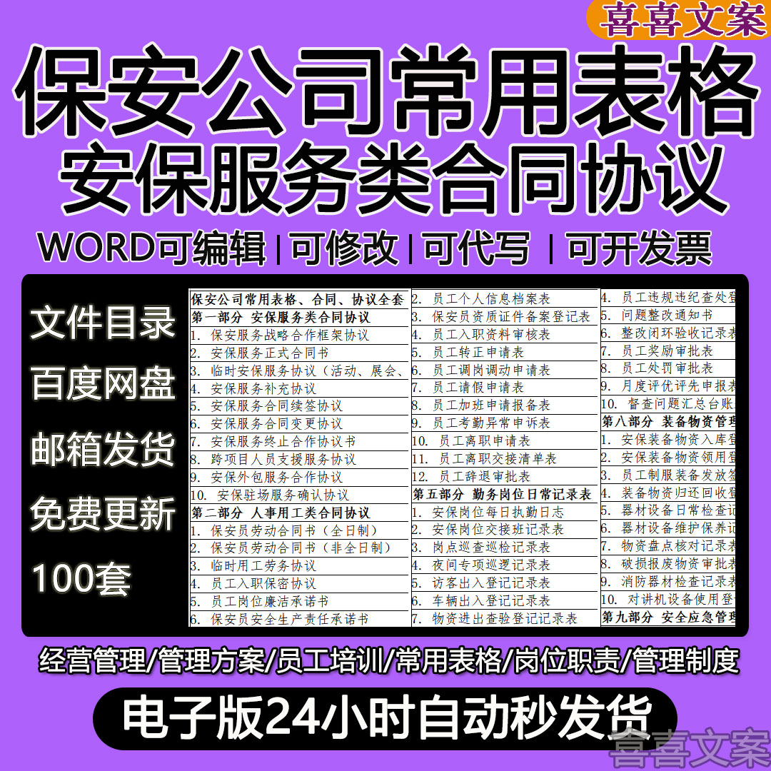 保安公司入职登记交接班常用表格安保服务合同续签协议劳动合同书