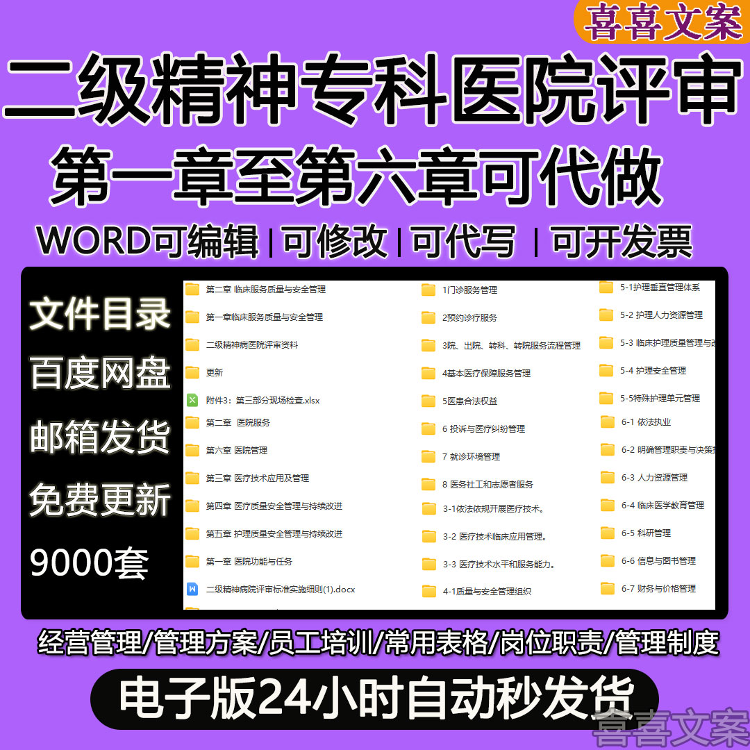 二级精神专科医院甲乙评审资料全套医疗组护理组院感组药事组代写