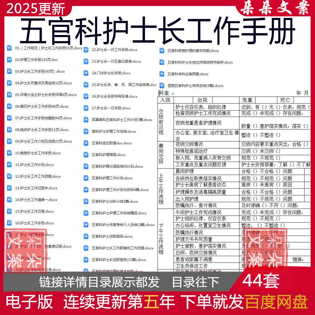 五官科护士长工作手册计划总结述职报告岗位职责应急预案护理常规