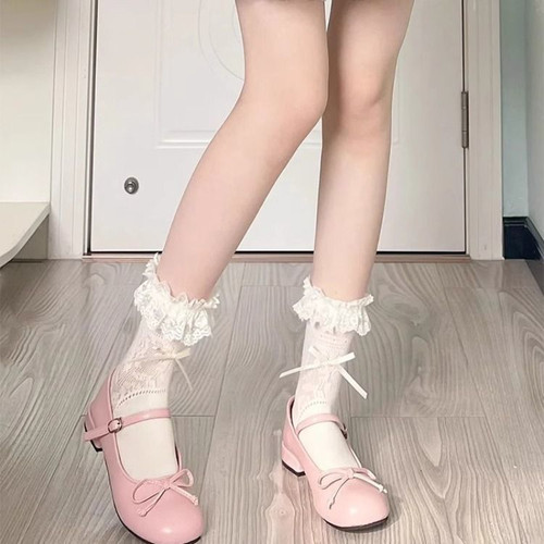洛丽塔袜子女夏季薄款蕾丝花边lolita芭蕾风蝴蝶结堆堆袜y2k中筒
