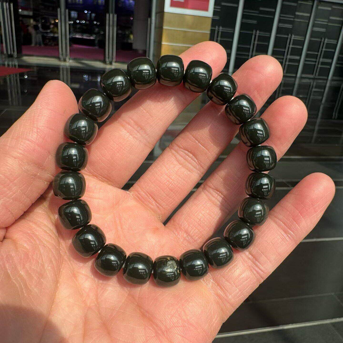 定金工厂墨玉桶珠手串黄绿带皮析木河磨玉籽料椴树林和田玉定制