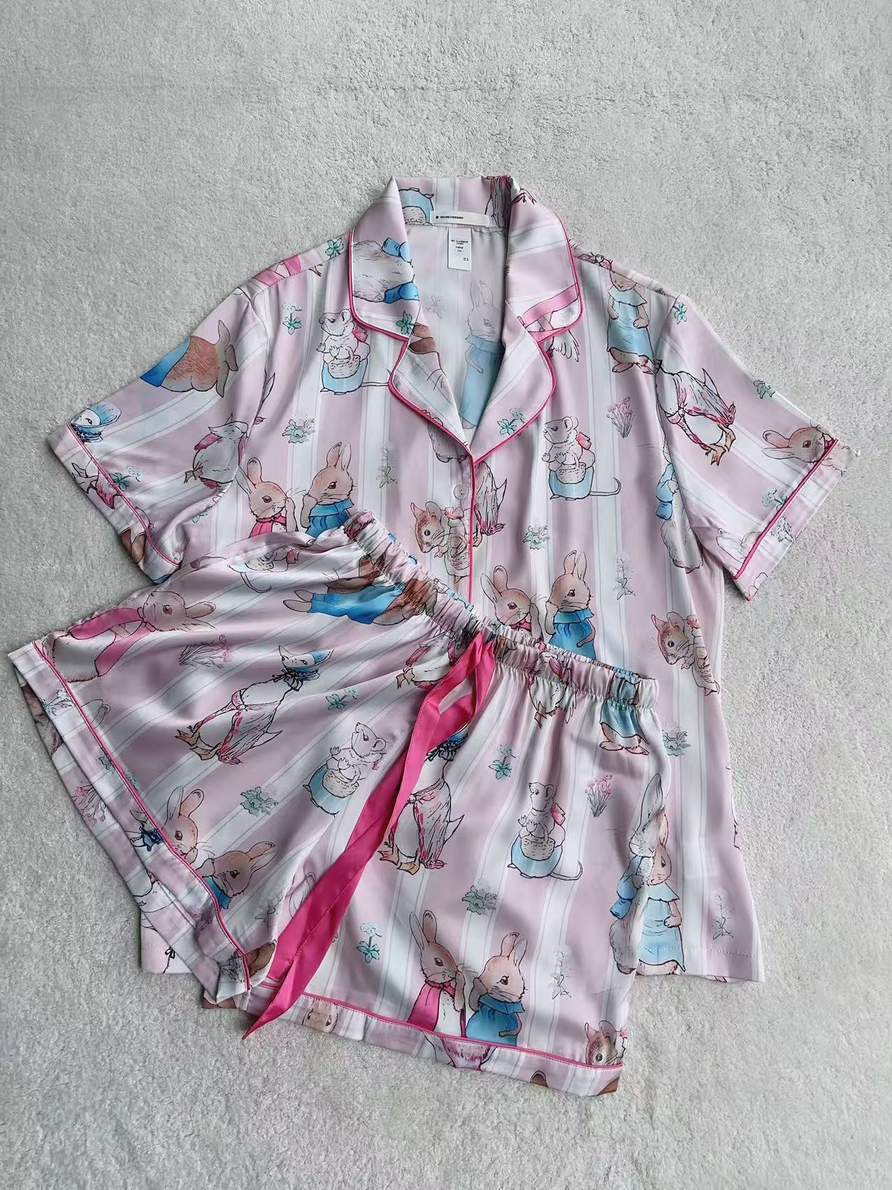 外贸原单小众设计师可外穿粉色兔子女士短袖短裤睡衣家居服套装