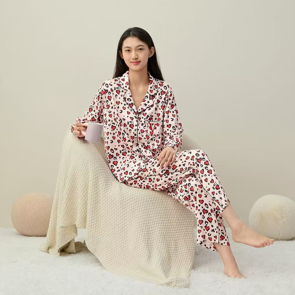 美国月光绸缎 丝滑柔软豹纹字母冰丝缎面女长袖裤睡衣家居服套装