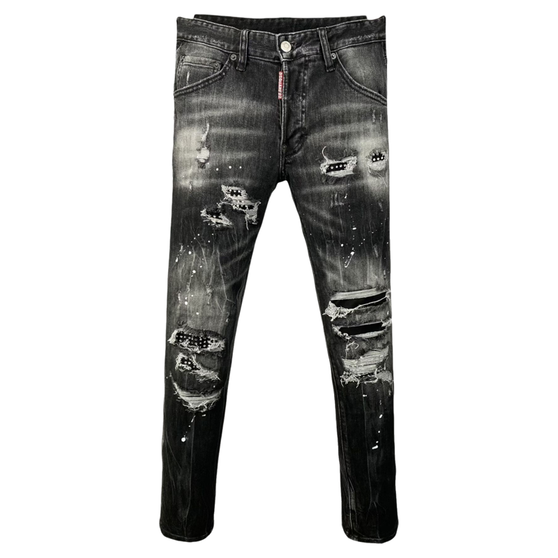 thumbnail for 26 New Year Denim Pants Men's D2 Slim Small Feet Casual Black Gray Washed Hole Patch Hot Diamond Tide 9967