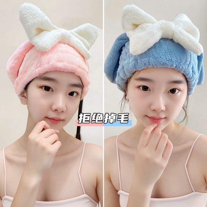 家用珊瑚绒浴帽吸水速干女性时髦沐浴洗澡头巾蝴蝶结擦头干发帽