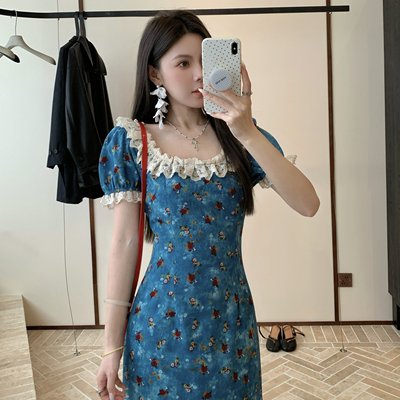 实拍大码女装胖mm落日玫瑰法式蓝色碎花连衣裙夏小众设计气质长裙