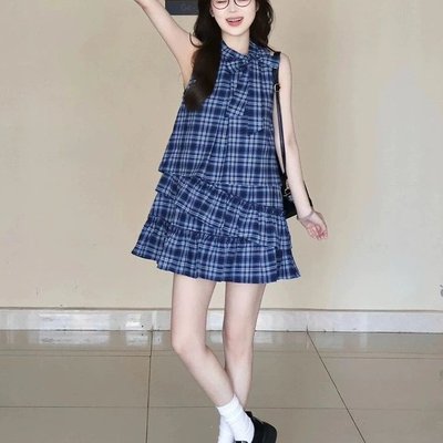 蓝色格子衬衫无袖背心连衣裙子女夏季2025新款爆款小个子蛋糕短裙