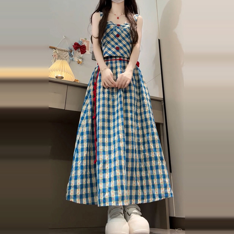 2025新款夏季复古格子吊带裙小个子显瘦方领法式两件套装连衣裙女