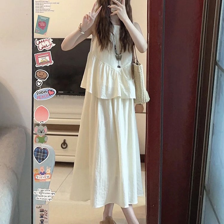 新中式两件套圆领无袖背心连衣裙套装女夏季清冷感禅意a字长裙子