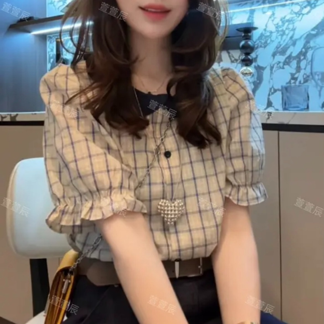 晚风寄语夏季休闲衣服女慵懒风娃娃领衬衣百搭宽松格子衬衫