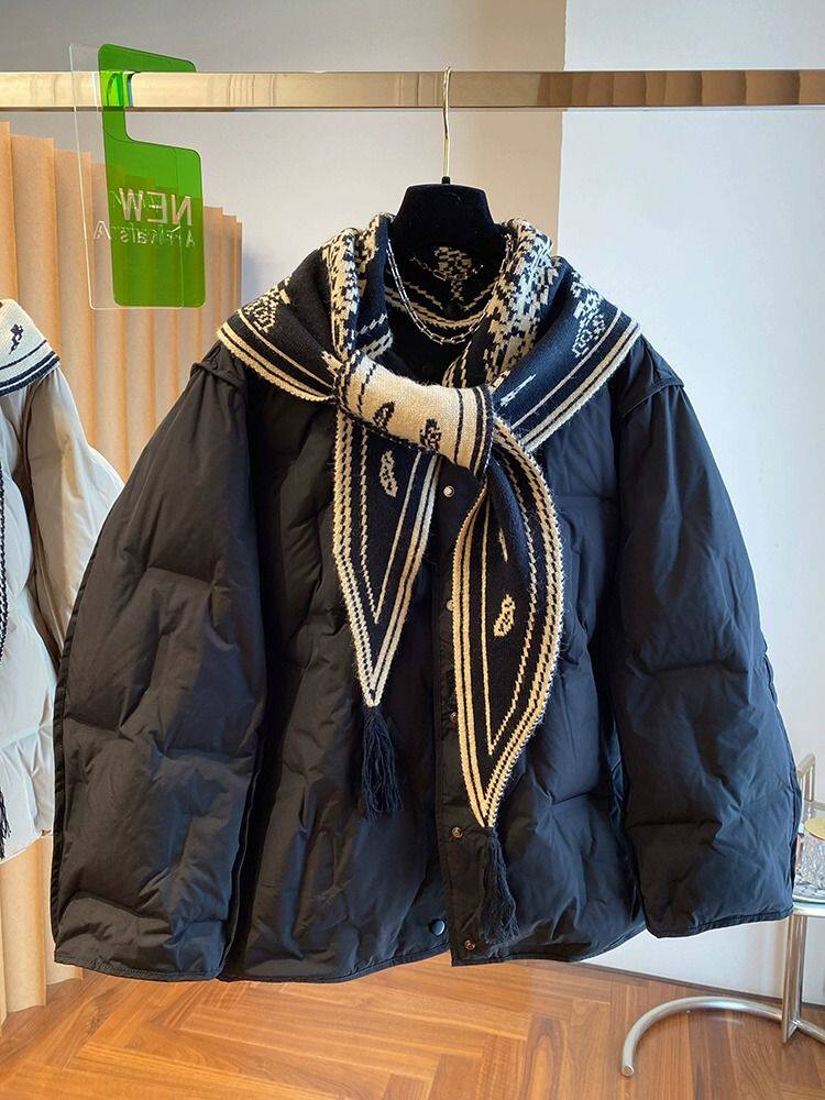 高端原创设计师款可拆卸围脖披肩宽松欧货羽绒服女冬季2023年新款