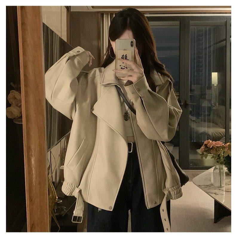 PU皮衣外套女秋冬复古重工机车服廓形双层领夹克情侣款上衣