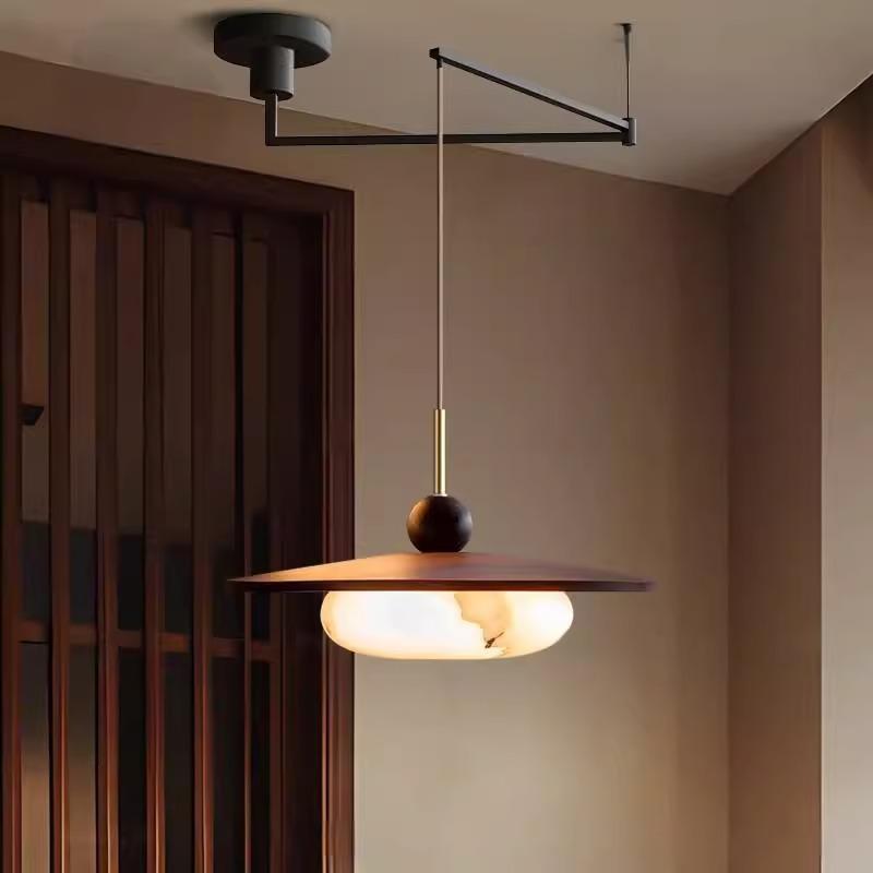 全光谱摇臂餐厅灯可移位胡桃木纹中古侘寂风灯具吧台餐桌民宿吊灯