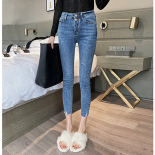 断码 蓝色二粒扣9分牛仔裤 清仓 春装 弹力紧身毛边裤 概不退换