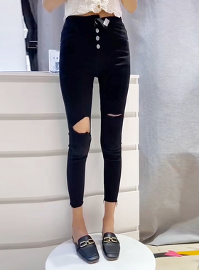 【特价清仓，概不退换】黑色膝盖破洞九分裤弹力紧身夏款小脚裤女