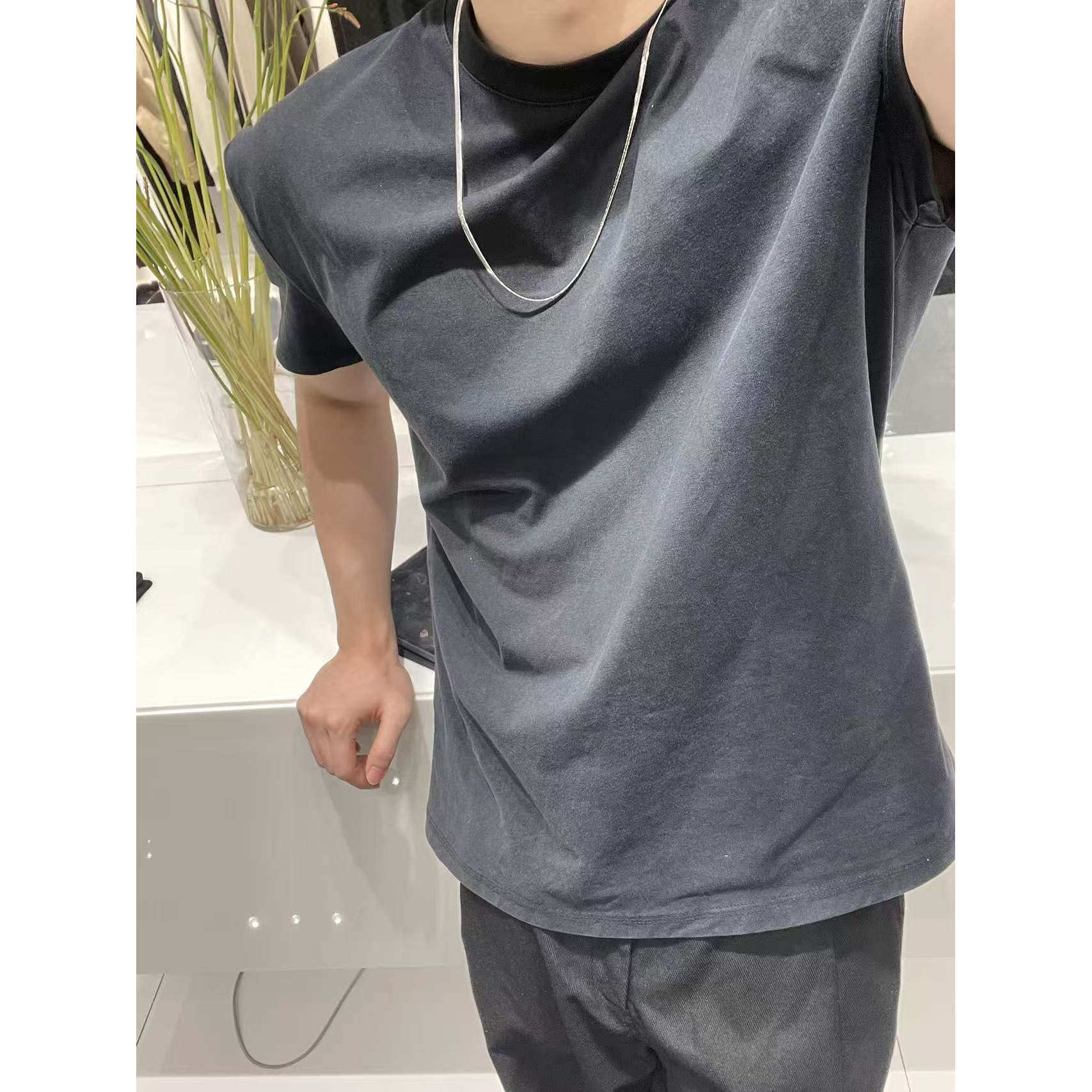 黑色小高领短袖T恤男秋季新款正肩半高领打底衫简约纯色宽松百搭