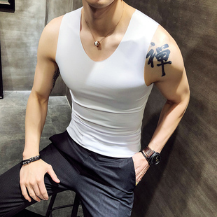 无痕冰丝背心男士夏季弹力无袖紧身打底衫宽肩内衣马甲全棉莫代。