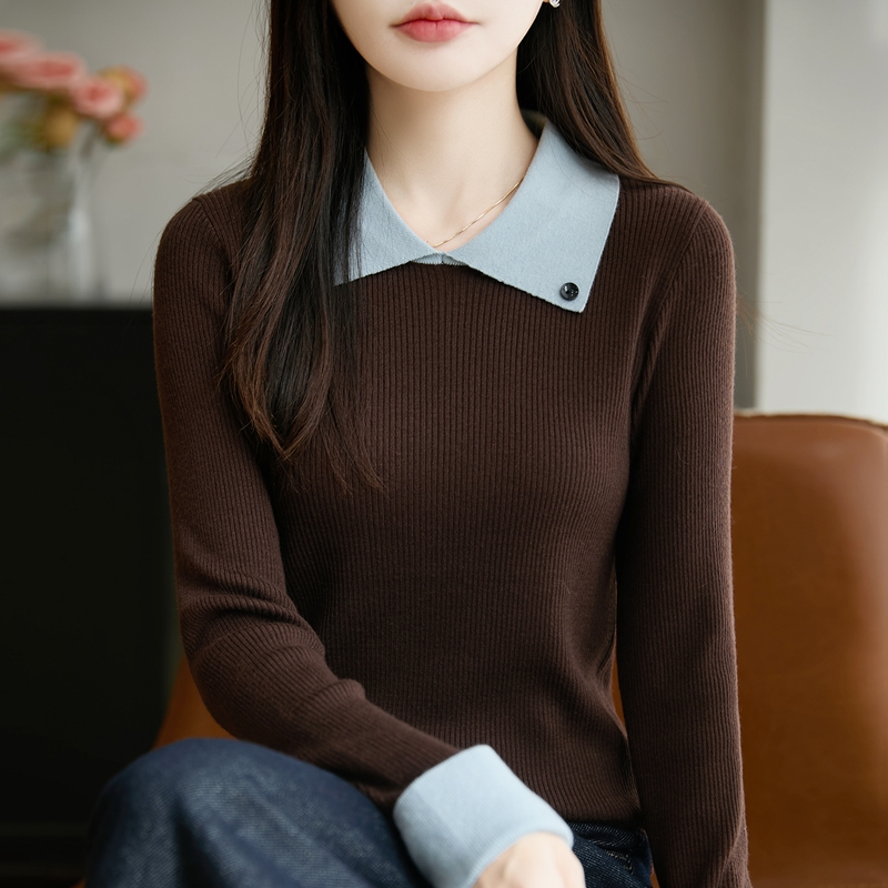 绵羊毛时尚翻领打底衫拼色针织衫女韩系假两件咖色娃娃领毛衣内搭