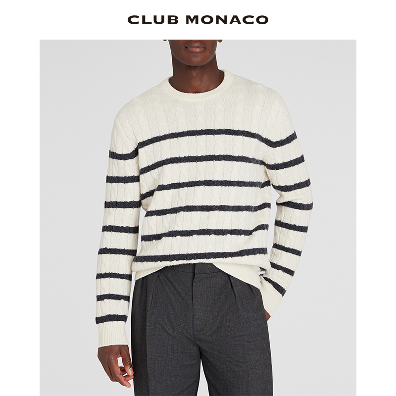 CLUB MONACO男装100%山羊绒条纹绞花圆领复古休闲毛衣