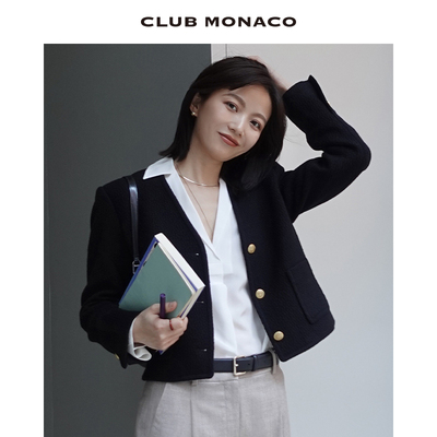 博主同款 CLUB MONACO羊毛混纺女装V领千金小香风粗花呢短外套