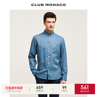 翻领休闲宽松薄款 MONACO男装 CLUB 贴袋衬衫 100%亚麻