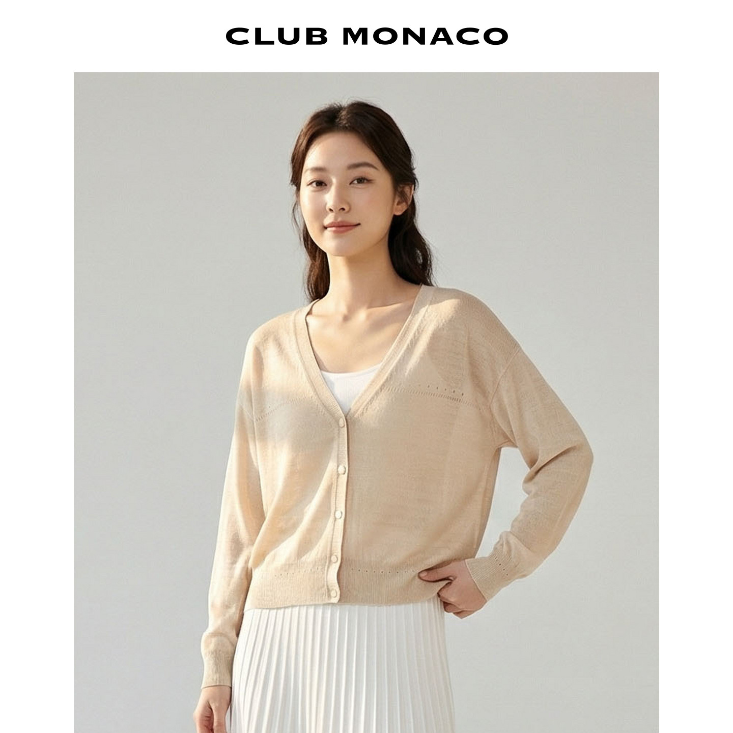 CLUB MONACO女士长袖单排扣镂空宽松V领针织亚麻棉开衫罩衫