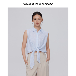 【100%亚麻】CLUB MONACO女士竖条纹翻领舒适百搭系带无袖衬衫
