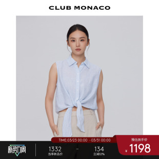 MONACO女士竖条纹翻领舒适百搭系带无袖 CLUB 衬衫 100%亚麻