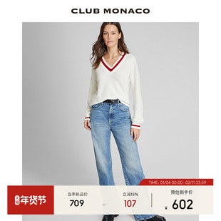 CLUB MONACO女装新春系列撞色V领中长款羊毛山羊绒混纺毛衣
