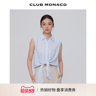 【亚麻】CLUB MONACO女士竖条纹翻领舒适百搭系带无袖衬衫