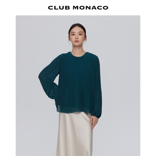 CLUB MONACO女士百搭收袖口宽松垂坠褶皱套头圆领长袖T恤