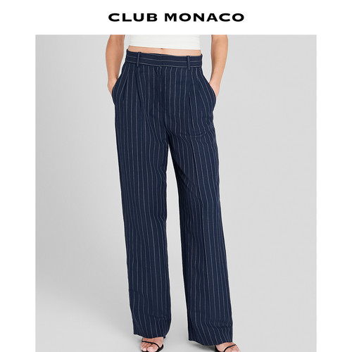 CLUB MONACO女士含亚麻收腰褶皱设计深蓝色细条纹阔腿条纹西装裤
