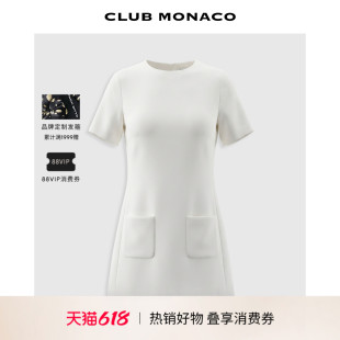 CLUB MONACO女士夏气质通勤圆领短袖直筒口袋短款显瘦收腰连衣裙