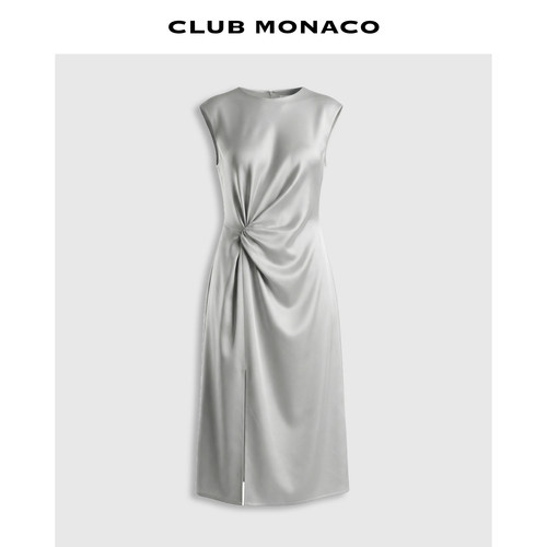 CLUB MONACO女士圆领气质无袖扭结收腰修身显瘦银色长款连衣裙