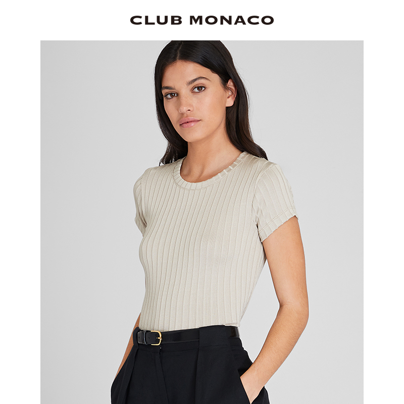 CLUB MONACO女装24春夏新品弹力显瘦坑条竖条纹针织短袖T恤 女装/女士精品 T恤 原图主图