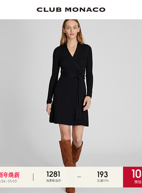 CLUB MONACO女装秋冬羊毛混纺修身显瘦A字黑色条纹针织连衣裙