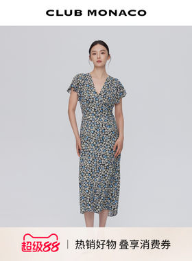 CLUB MONACO女装开叉碎花茶歇裙小飞袖V领长裙连衣裙