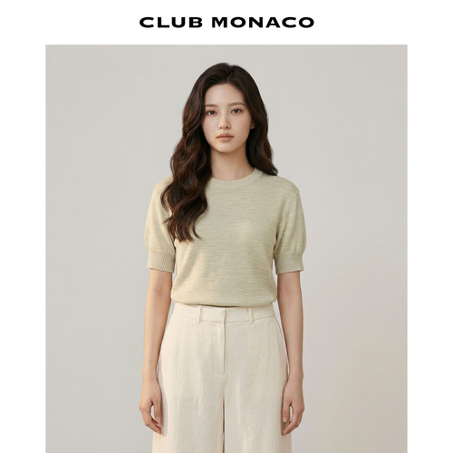 CLUB MONACO女士圆领短袖基础款套头罩衫短袖针织竹节上衣针织衫