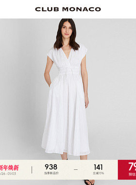 CLUB MONACO女装千金感连衣裙桑蚕丝混纺白色A字收腰V领连衣裙