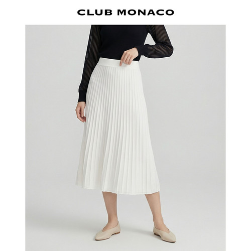 CLUB MONACO女士含桑蚕丝慵懒风亮闪中长款针织细罗纹金丝半身裙