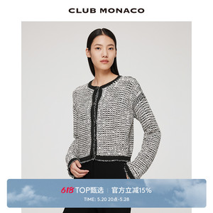 CLUB MONACO女装经典黑白流苏编织小香风短款外套针织开衫