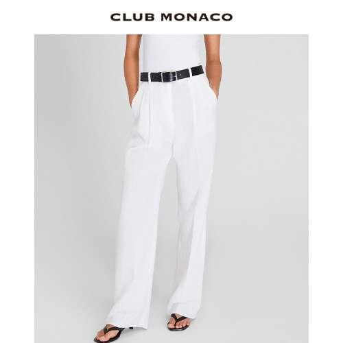 CLUB MONACO女装透气亚麻高腰褶涧慵懒松弛感直筒长裤
