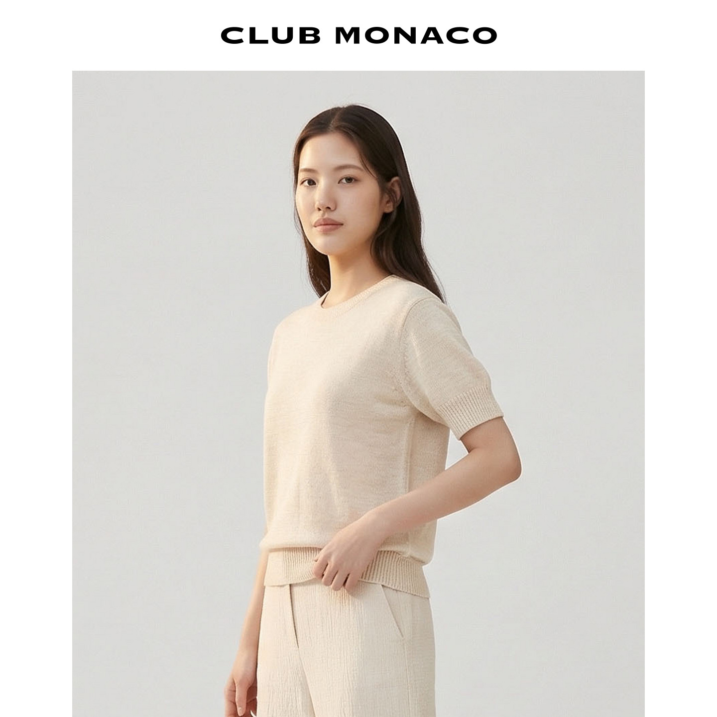 CLUB MONACO女士圆领短袖简约百搭套头衫短袖针织竹节上衣T恤衫 - 实物图
