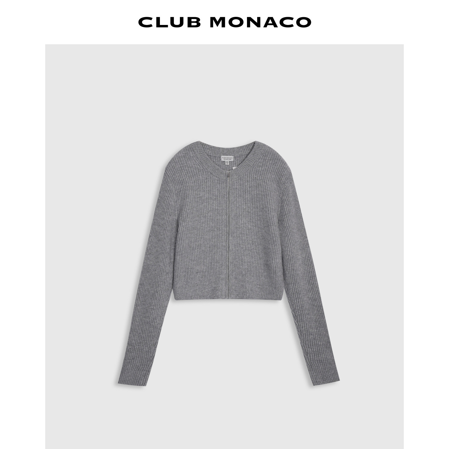 CLUB MONACO女士夏极简灰短款圆领拉链坑条羊毛羊绒混纺针织开衫