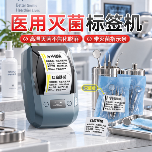 精臣M2医院医用灭菌指示标签打印机134℃变色防疫化学低高温高压蒸汽口腔消毒器械效期三联条码热转印标签机