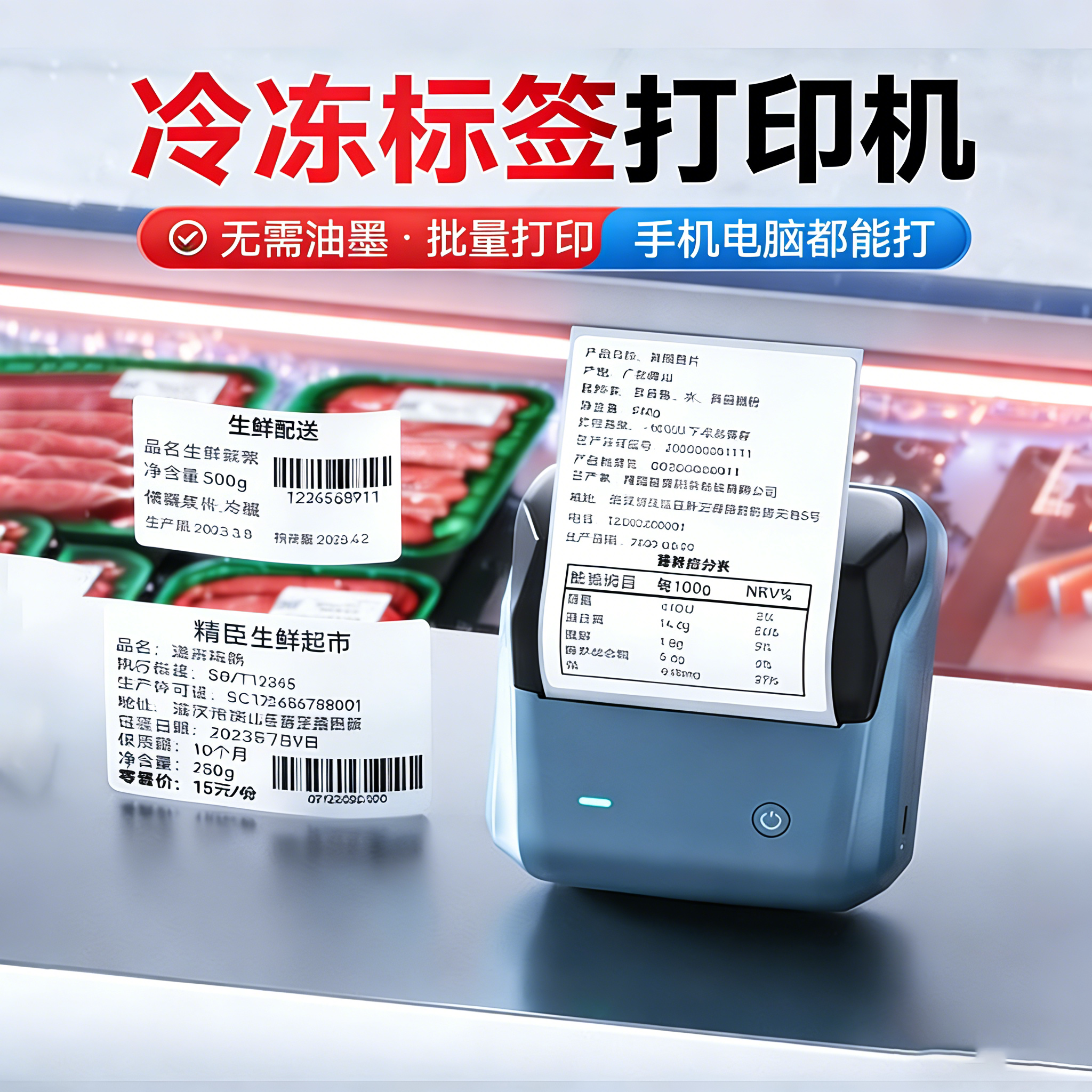 精臣B1冷冻食品标签打印机低温冷藏冰柜奶茶咖啡雪糕生鲜水产海鲜标价格牌防水商用不干胶贴纸小型价格打印机