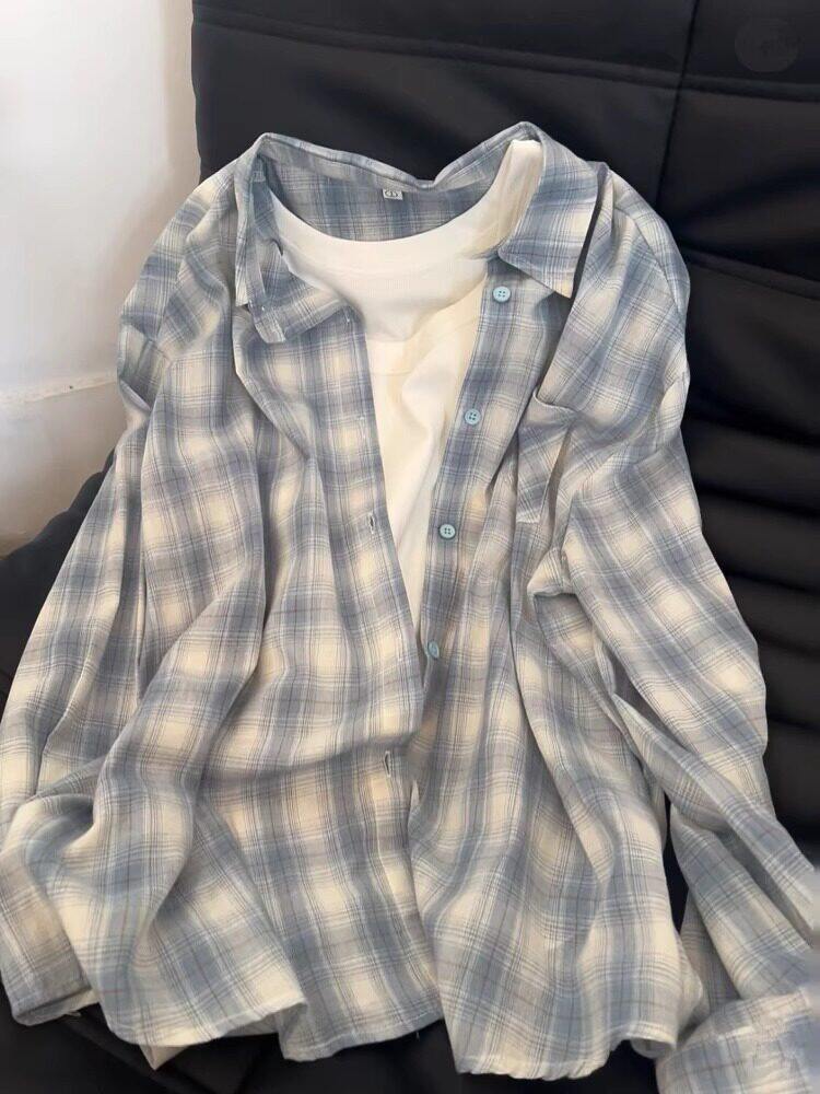 Qadın üçün plaid köynək, uzunqol, yay üçün rahat üst