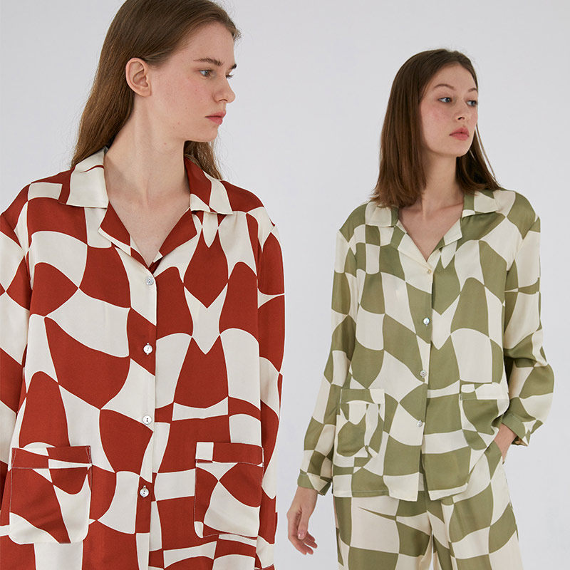 NOTJUSTPAJAMA真丝睡衣女新款棋格桑蚕丝两件套情侣家居服可外穿