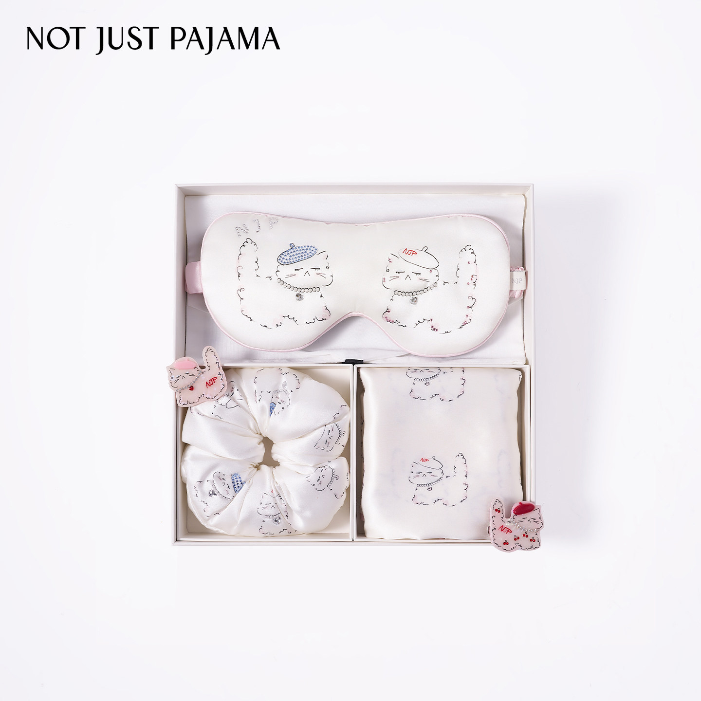 生日礼物NotJustPajama珍珠小猫真丝眼罩枕套发圈抓夹礼盒桑蚕丝