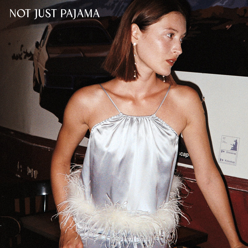 Not Just Pajama婚礼系列 真丝挂脖羽毛吊带短上衣